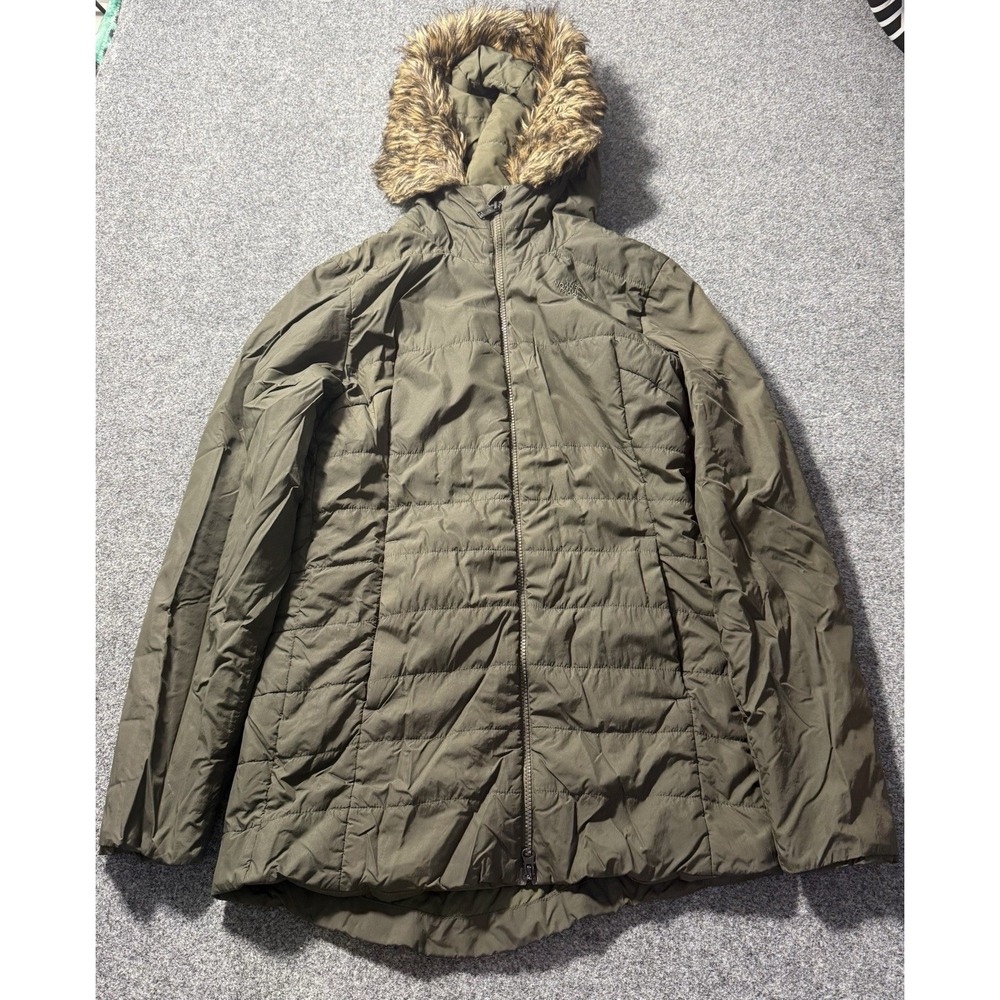 The North Face Parka Coat Jacket Womens Size Medium Green Faux Fur Hooded